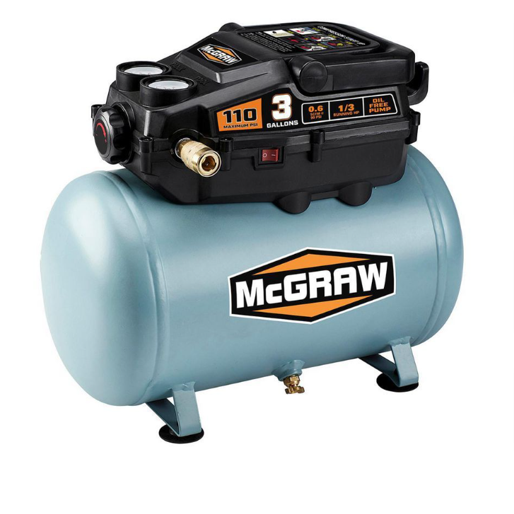 MCGRAW 3 Gallon 1/3 HP 110 PSI Oil-Free Hot Dog Air Compressor